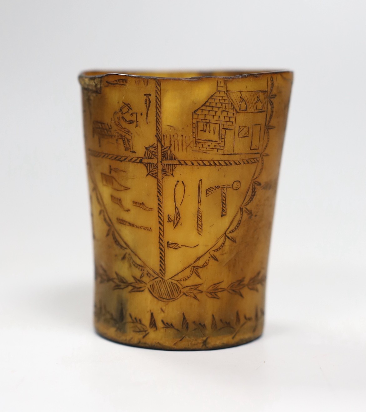 Folk Art - an engraved pictorial and inscribed ox horn tumbler, dated 1800, 7.5cms high